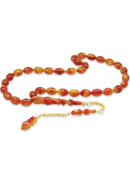 Altın Renk 925 Ayar Gümüş Püsküllü Imame Usta Işçilikli Arpa Kesim Turuncu Siyah Katalin Tesbih