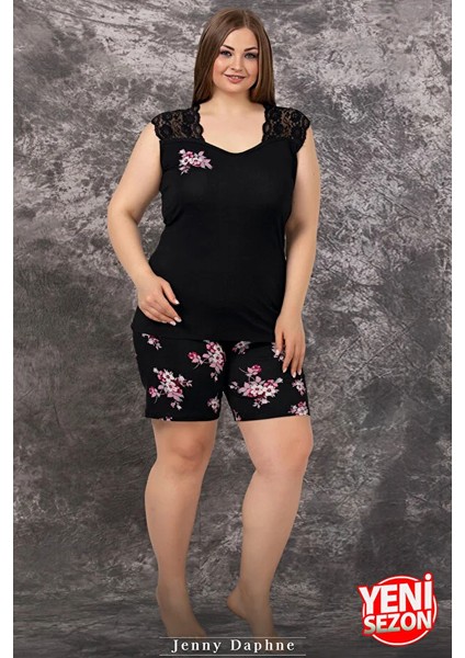Lady Büyük Beden Çiçek Desenli Omuzlar Dantelli Sıfır Kollu Şortlu Pijama Takımı