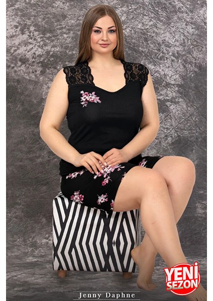Lady Büyük Beden Çiçek Desenli Omuzlar Dantelli Sıfır Kollu Şortlu Pijama Takımı fiyatları