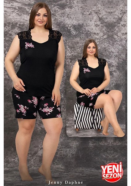 Lady Büyük Beden Çiçek Desenli Omuzlar Dantelli Sıfır Kollu Şortlu Pijama Takımı modelleri