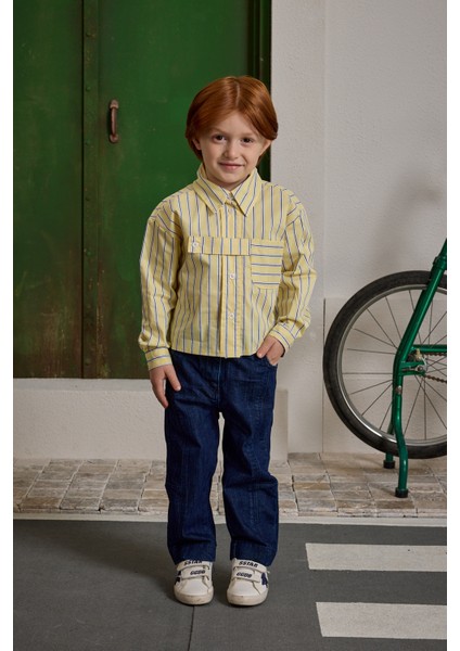 Pat Detaylı Çizgili Gömlek Sarı