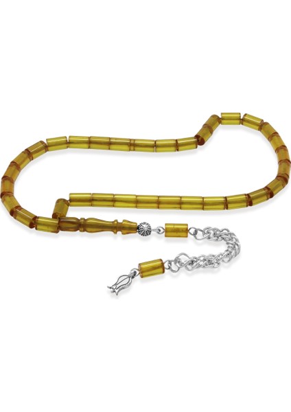 Ateş Kehribar Tesbih - Kararmaz Metal Püsküllü - Mini Boy - Sarı - Kesme Kesim