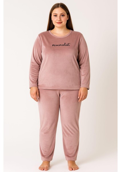 Kadın Büyük Beden 13213 Uzun Kol Kadife Pijama Takımı Pudra