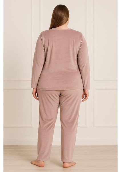 Kadın Büyük Beden 13213 Uzun Kol Kadife Pijama Takımı Pudra fiyatları