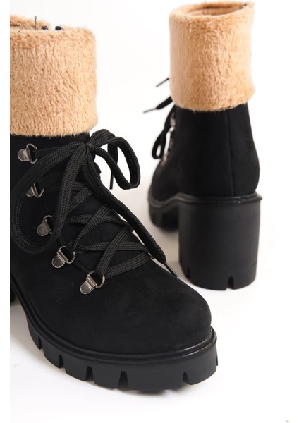 Joss Bağcıklı Fermuarlı Ortopedik Taban Topuklu Kürk Detaylı Süet Kadın Bot St Siyah fiyatları