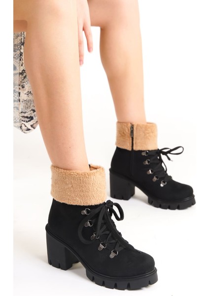 Joss Bağcıklı Fermuarlı Ortopedik Taban Topuklu Kürk Detaylı Süet Kadın Bot St Siyah fırsatları
