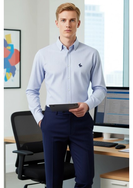 Erkek Klasik Regular Fit Çizgili Uzun Kollu Dokuma Gömlek Iş ve Günlük Kullanıma Uygun Şık Bir modelleri