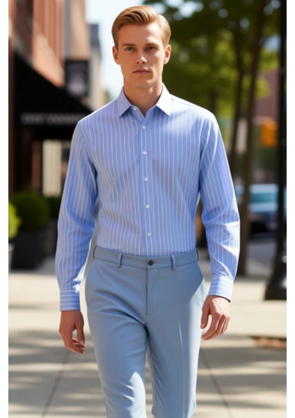 Erkek Gardirobunun Vazgecilmezi Cizgili Desenli Regular Kalip Uzun Kollu Poplin Gomlek Şık