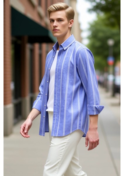 Erkek Çizgili Düğmeli Yaka Uzun Kollu Slim Fit Gömlek Modern Şıklık Ideal Seçim Günlük Konfor