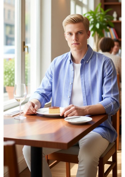 Erkek Çizgili Düğmeli Yaka Uzun Kollu Slim Fit Gömlek Modern Şıklık Ideal Seçim Günlük Konfor fiyatları
