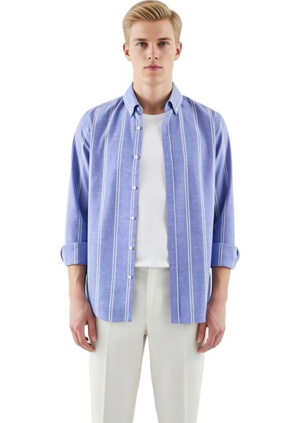 Erkek Çizgili Düğmeli Yaka Uzun Kollu Slim Fit Gömlek Modern Şıklık Ideal Seçim Günlük Konfor fırsatları