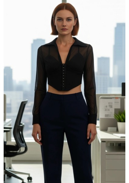 Kadın Için Şık Agraflı Korse Detaylı Uzun Kollu Crop Gömlek Gece ve Özel Davet Kombinleri Spor modelleri