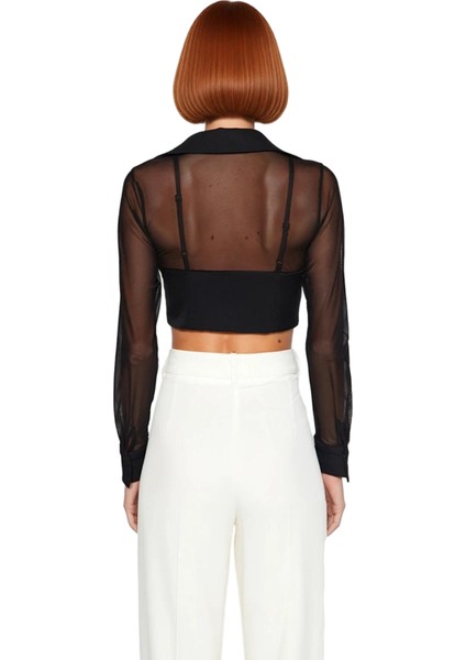 Kadın Için Şık Agraflı Korse Detaylı Uzun Kollu Crop Gömlek Gece ve Özel Davet Kombinleri Spor indirimleri