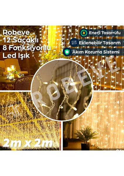 2x2 Metre 8 Fonksiyonlu Animasyonlu Perde LED Işık Kalın Telli Saçak LED Işık 240 LED Yılbaşı Işık Saçak Süsleme