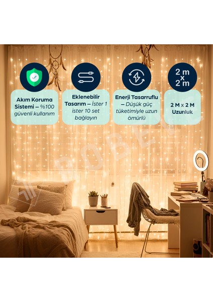 2x2 Metre 8 Fonksiyonlu Animasyonlu Perde LED Işık Kalın Telli Saçak LED Işık 240 LED Yılbaşı Işık Saçak Süsleme