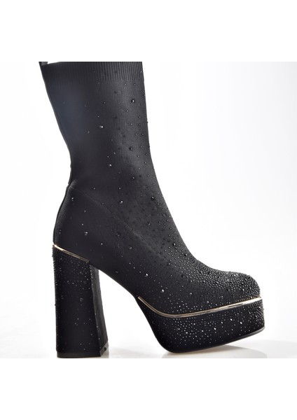 25K108 Kadın Platform Topuku Taşlı Streç Çizme