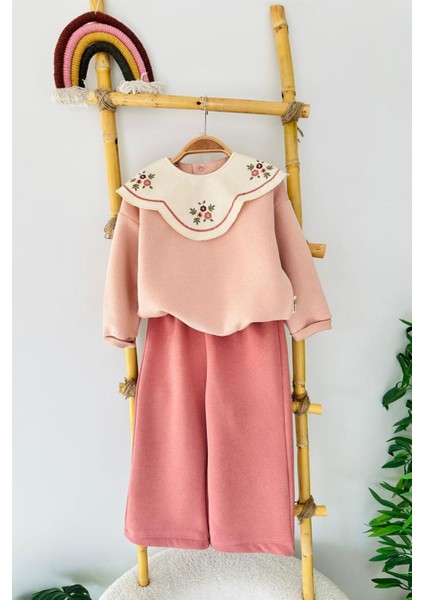 Işleme Yaka Asimetrik Detaylı Kız Çocuk kışlık takım - Gül Kurusu