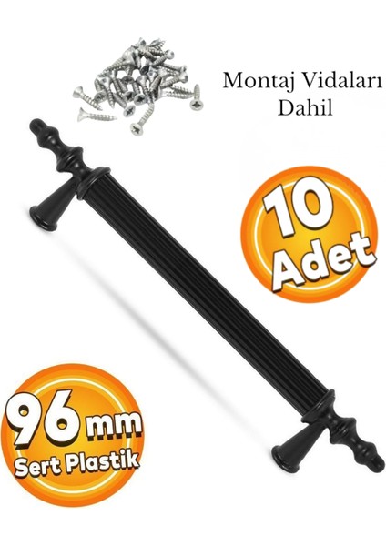 10 ADET Sert Plastik 96 mm Siyah Mobilya Mutfak Çekmece Dolap Dolabı Kulpu Kulbu Kulpları (10 ADET)