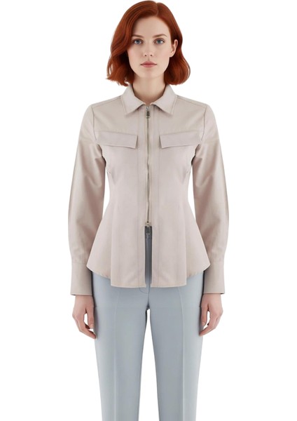 Gabardin Dokuma Kadın Gömleği Fermuar Detaylı Uzun Kollu Günlük Şıklık ve Konfor Dayanıklı