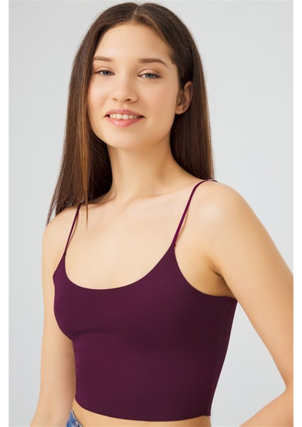 Mürdüm Ayarlanabilir Ince Askılı Lazer Kesim Kadın Crop Büstiyer modelleri