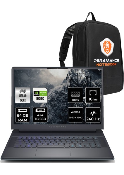 Alienware 16 Area-51 Intel Core Ultra 9 275HX 64GB 4tb+4tb SSD RTX5090/24GB 175W 16" Qhd+ 240Hz Fdos Taşınabilir Bilgisayar & Per4 Çanta AA16250U932190WP348