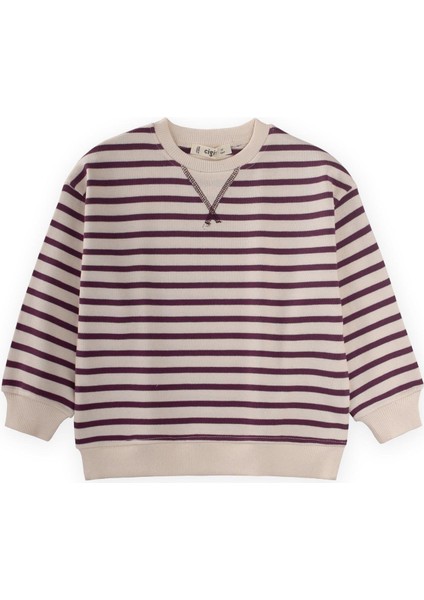 Çizgili Karyoka Detaylı Mevsimlik Sweat 2-12 Yaş Mürdüm