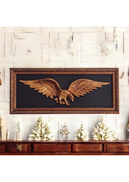 Triant 77-1 Kanatlı Kartal Rölyef Tablo 40X93 cm – Çerçeveli Lüks Duvar Dekoru, Ofis Ev Hediyesi