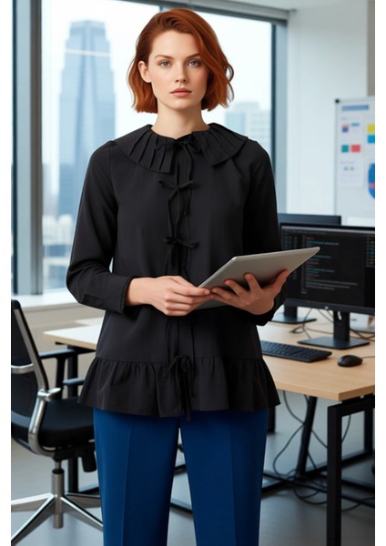 Kadın Bebe Yaka Bağcık Detaylı Uzun Kollu Pileli Fırfırlı Dokuma Gömlek Rahat ve Şık Görünüm modelleri