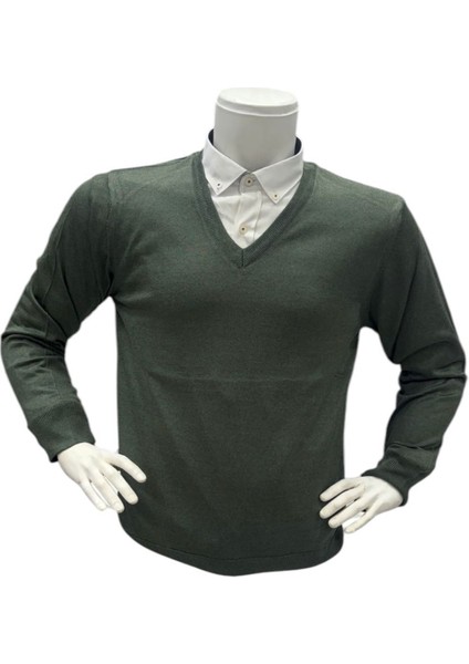 Erkek Regular Fit Düz V Yaka Yünlü Triko Kazak
