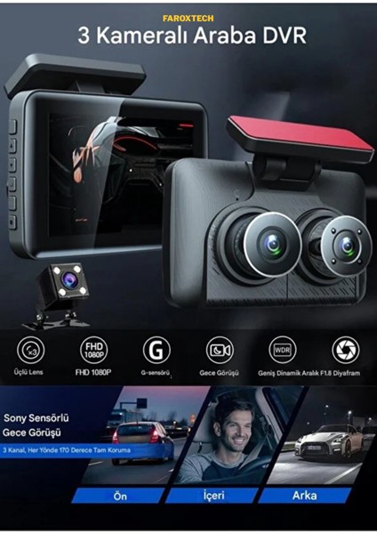 Araç Içi Hd Kamera Video Kaydedici 3 Kamera 1080P Full Hd Araç Kamerası Wdr G-Sensor 5mp Büyük Ekran fiyatları