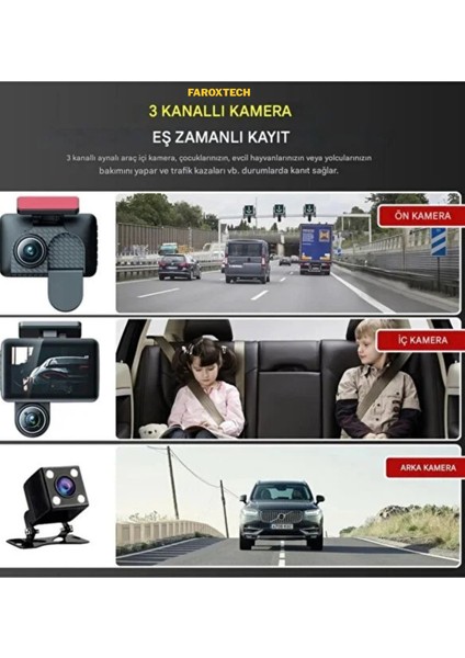 Araç Içi Hd Kamera Video Kaydedici 3 Kamera 1080P Full Hd Araç Kamerası Wdr G-Sensor 5mp Büyük Ekran fırsatları