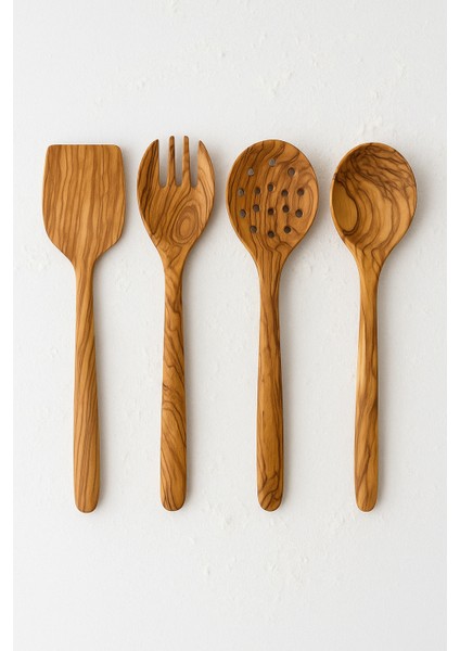 Zeytin Ağacı 4’lü El Yapımı Ahşap Mutfak Gereç Seti – Kaşık, Spatula, Delikli Kaşık, Çatal
