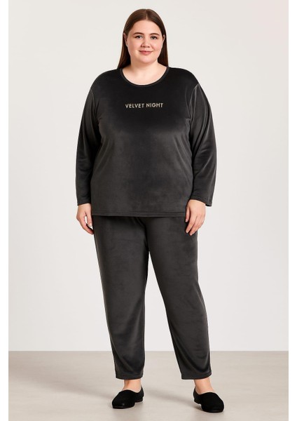 Kadın 13213 Büyük Beden Kadife Pijama Takımı Yeşil