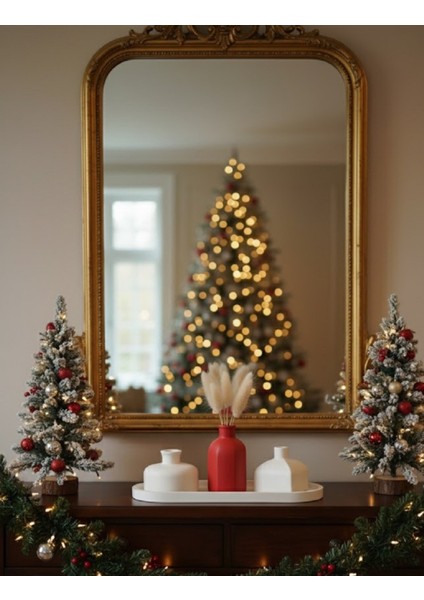 Yılbaşı Hediyesi: Kırmızı & Beyaz Modern Vazo Seti, Hediye Pampas Otu, Tepsili Set