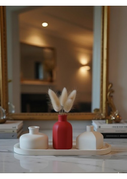 Yılbaşı Hediyesi: Kırmızı & Beyaz Modern Vazo Seti, Hediye Pampas Otu, Tepsili Set fiyatları