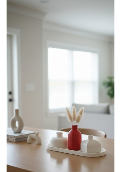 Yılbaşı Hediyesi: Kırmızı & Beyaz Modern Vazo Seti, Hediye Pampas Otu, Tepsili Set modelleri