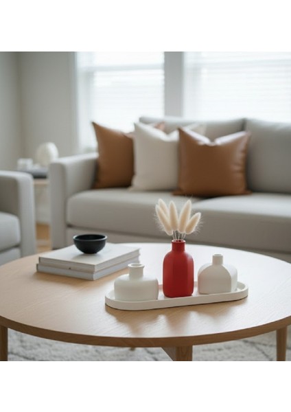 Yılbaşı Hediyesi: Kırmızı & Beyaz Modern Vazo Seti, Hediye Pampas Otu, Tepsili Set fırsatları