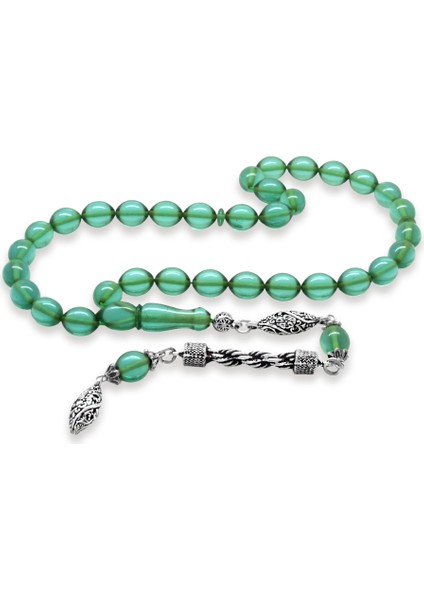 Kararmaz Metal Halat Püsküllü Arpa Kesim Şeffaf Turkuaz Ateş Kehribar Tesbih