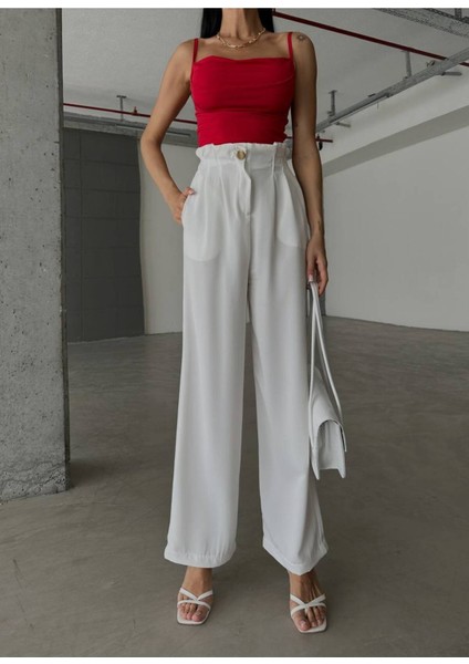 Beyaz Yüksek Bel Lastikli Konfort Pantolon - 10567