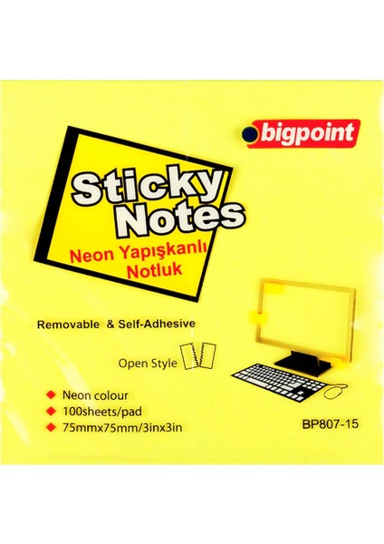 Bigpoint Yapışkanlı Not Kağıdı 75X75 Neon Sarı BP807-15-12-PKT