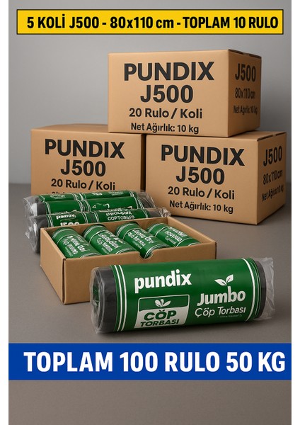 J500 Jumbo Boy Çöp Torbası 80X110 Cm– 5 Koli (Toplam 100 Rulo / 50 Kg) | Çift Kat 50 Mikron Kalınlık | Endüstriyel Kalite Sızdırmaz Poşet – Ev, Ofis ve Bahçe Kullanımı Için Dayanıklı Çöp Poşeti