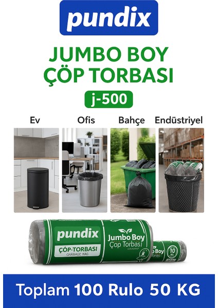 J500 Jumbo Boy Çöp Torbası 80X110 Cm– 5 Koli (Toplam 100 Rulo / 50 Kg) | Çift Kat 50 Mikron Kalınlık | Endüstriyel Kalite Sızdırmaz Poşet – Ev, Ofis ve Bahçe Kullanımı Için Dayanıklı Çöp Poşeti fiyatları