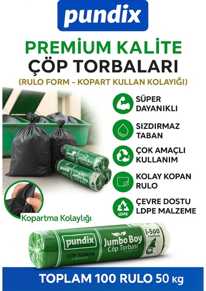 J500 Jumbo Boy Çöp Torbası 80X110 Cm– 5 Koli (Toplam 100 Rulo / 50 Kg) | Çift Kat 50 Mikron Kalınlık | Endüstriyel Kalite Sızdırmaz Poşet – Ev, Ofis ve Bahçe Kullanımı Için Dayanıklı Çöp Poşeti modelleri