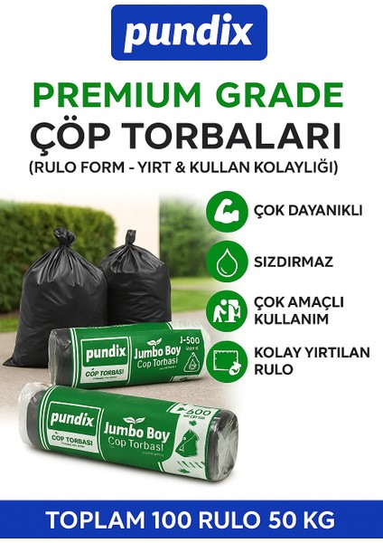 J500 Jumbo Boy Çöp Torbası 80X110 Cm– 5 Koli (Toplam 100 Rulo / 50 Kg) | Çift Kat 50 Mikron Kalınlık | Endüstriyel Kalite Sızdırmaz Poşet – Ev, Ofis ve Bahçe Kullanımı Için Dayanıklı Çöp Poşeti fırsatları