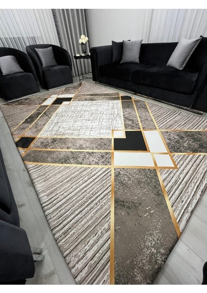 Geometrik Desen Gold Çizgi Detay Kahve Tonları Halı Örtüsü - Yıkanabilir Kadife Doku Kaymaz Taban modelleri
