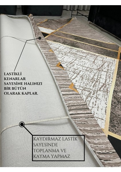 Geometrik Desen Gold Çizgi Detay Kahve Tonları Halı Örtüsü - Yıkanabilir Kadife Doku Kaymaz Taban fırsatları