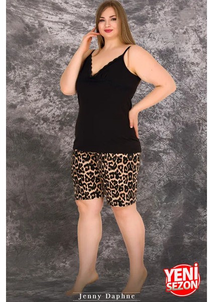 Lady Büyük Beden Siyah Renkli Askılı Kollu Şortlu Pijama Takımı