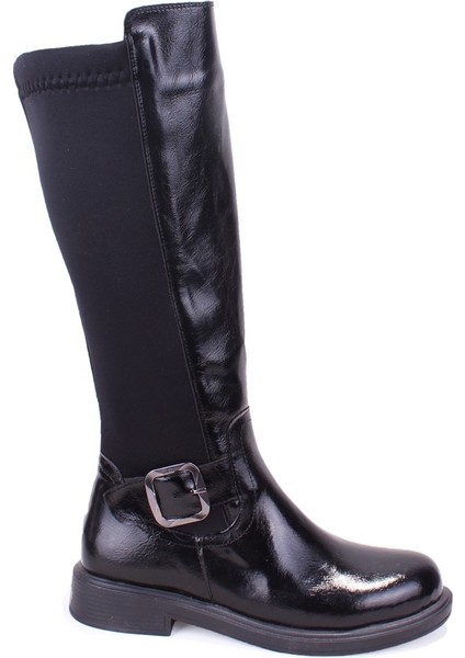 DZA07-8965545 Siyah Kırışık Rugan Streçli Düz Topuklu Kadın Çizme fiyatları