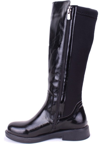 DZA07-8965545 Siyah Kırışık Rugan Streçli Düz Topuklu Kadın Çizme modelleri