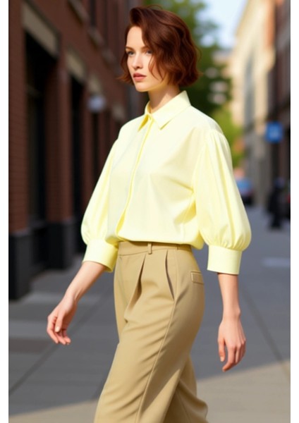 Kadın Balon Kol Düz Gömlek Klasik Yaka Rahat Kesim Gündelik Şıklık Yazlık Kombinler Modern Görünüm indirimleri